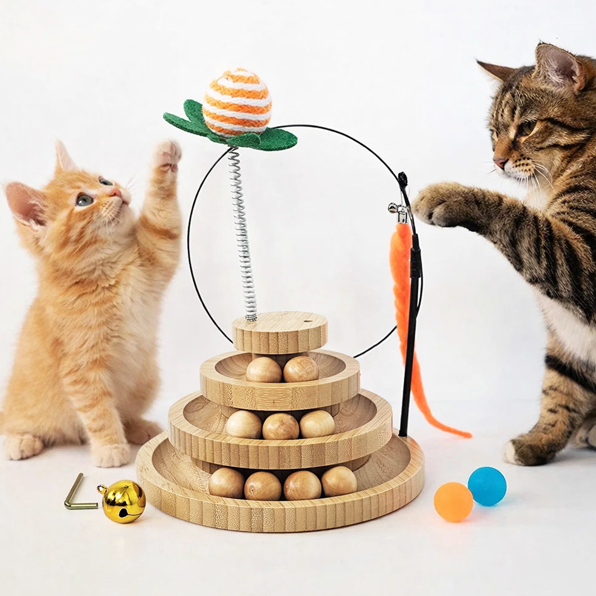 Cat Toy Ball Track with 2 Teasers, 3-Level Cat Ball Tower, 4-in-1 Kitty Toys, 9 Wooden Balls, Worm Wand, Spring Teaser Ball, 2 Glow Balls, Kitten Toy Interactive, Mental Physical Exercise, Medium Size