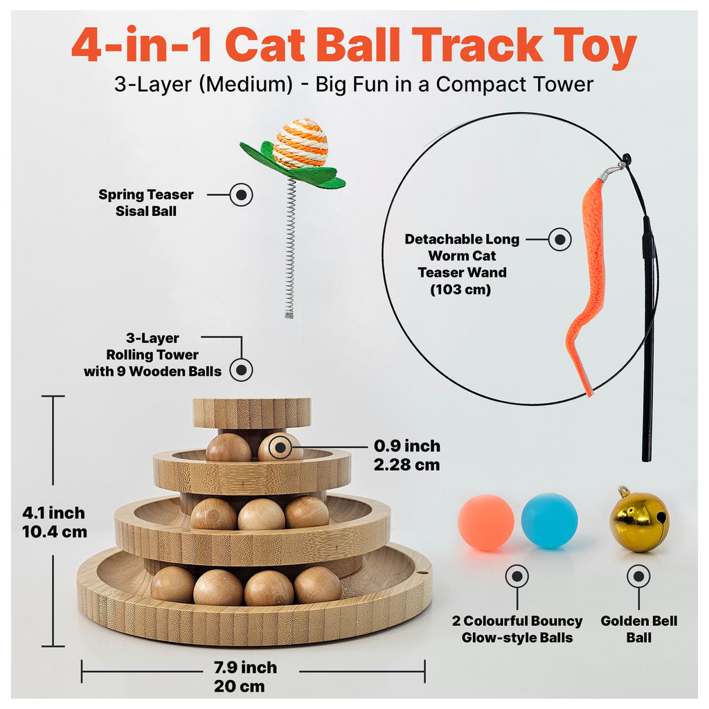 Cat Toy Ball Track with 2 Teasers, 3-Level Cat Ball Tower, 4-in-1 Kitty Toys, 9 Wooden Balls, Worm Wand, Spring Teaser Ball, 2 Glow Balls, Kitten Toy Interactive, Mental Physical Exercise, Medium Size