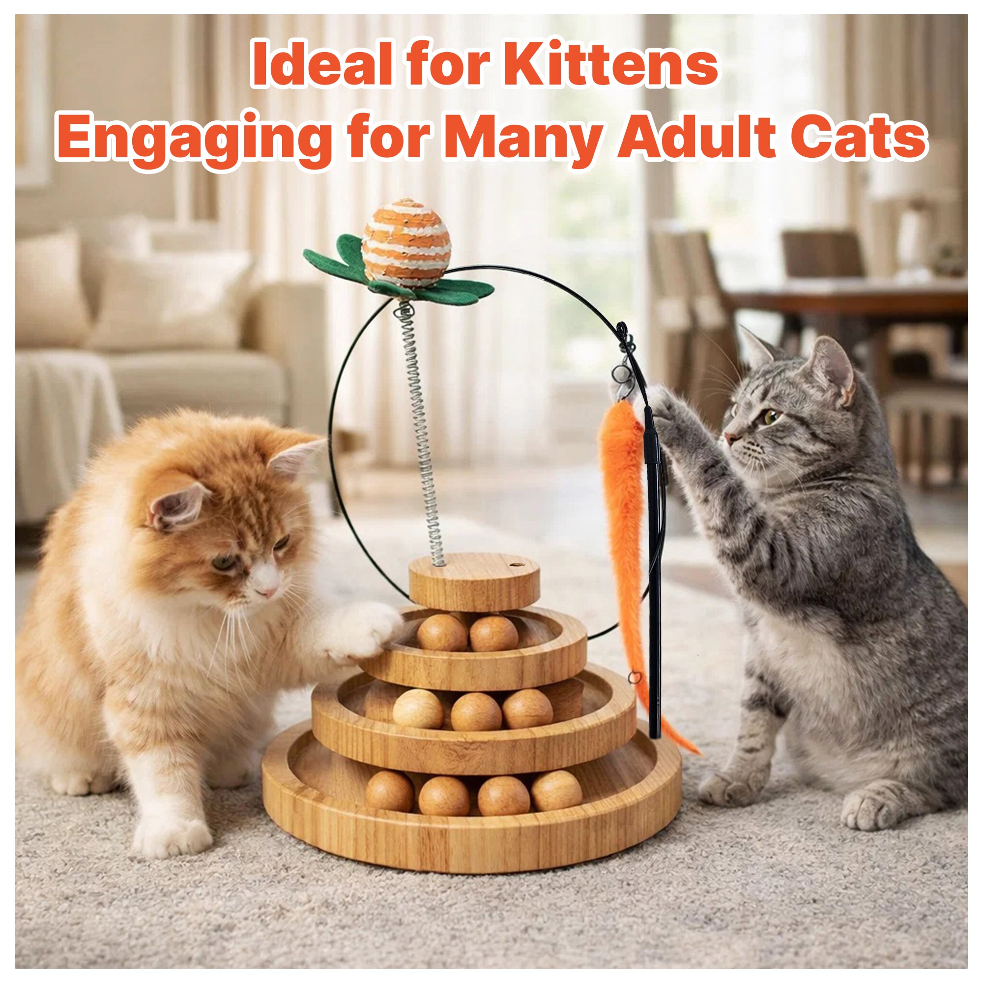 Cat Toy Ball Track with 2 Teasers, 3-Level Cat Ball Tower, 4-in-1 Kitty Toys, 9 Wooden Balls, Worm Wand, Spring Teaser Ball, 2 Glow Balls, Kitten Toy Interactive, Mental Physical Exercise, Medium Size