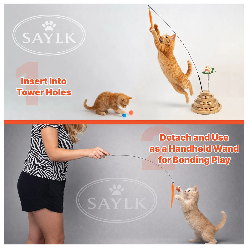 Cat Toy Ball Track with 2 Teasers, 3-Level Cat Ball Tower, 4-in-1 Kitty Toys, 9 Wooden Balls, Worm Wand, Spring Teaser Ball, 2 Glow Balls, Kitten Toy Interactive, Mental Physical Exercise, Medium Size