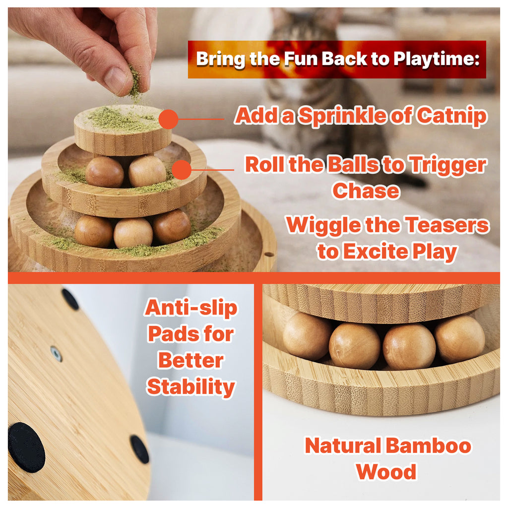 Cat Toy Ball Track with 2 Teasers, 3-Level Cat Ball Tower, 4-in-1 Kitty Toys, 9 Wooden Balls, Worm Wand, Spring Teaser Ball, 2 Glow Balls, Kitten Toy Interactive, Mental Physical Exercise, Medium Size