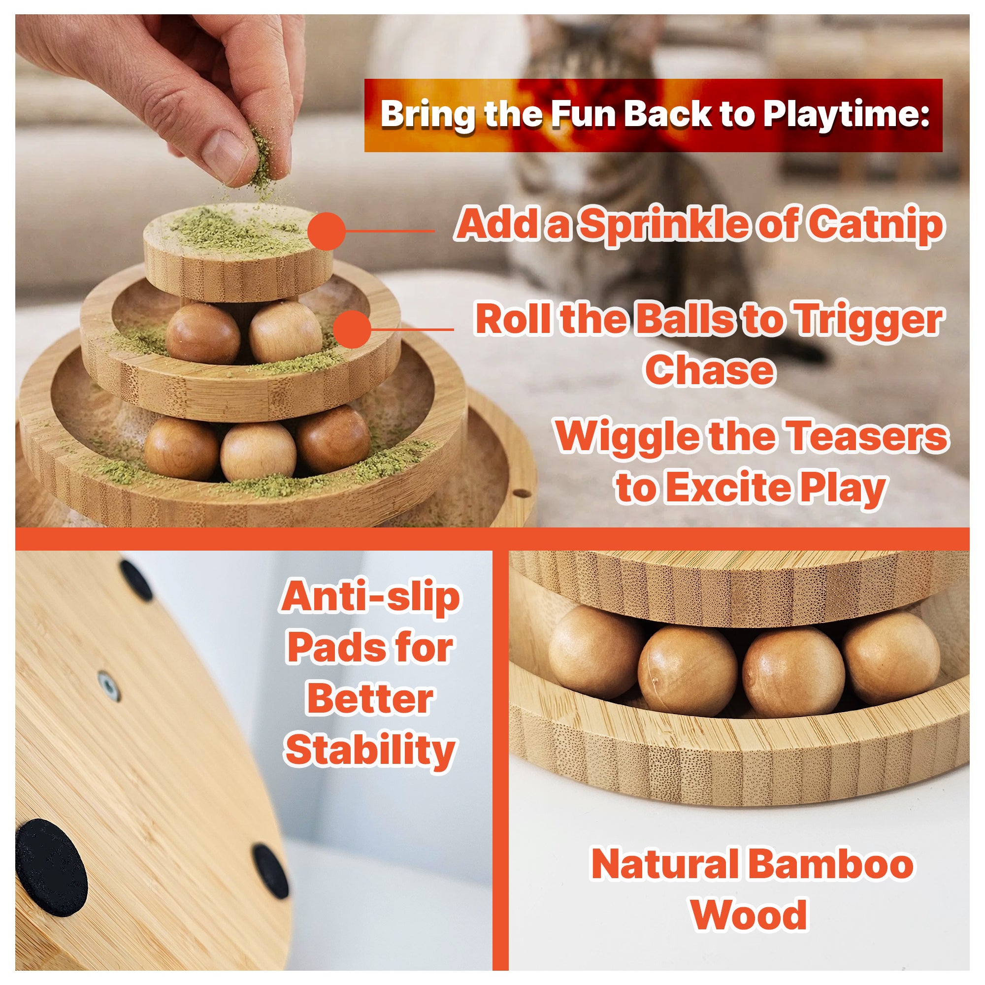 Cat Toy Ball Track with 2 Teasers, 3-Level Cat Ball Tower, 4-in-1 Kitty Toys, 9 Wooden Balls, Worm Wand, Spring Teaser Ball, 2 Glow Balls, Kitten Toy Interactive, Mental Physical Exercise, Medium Size