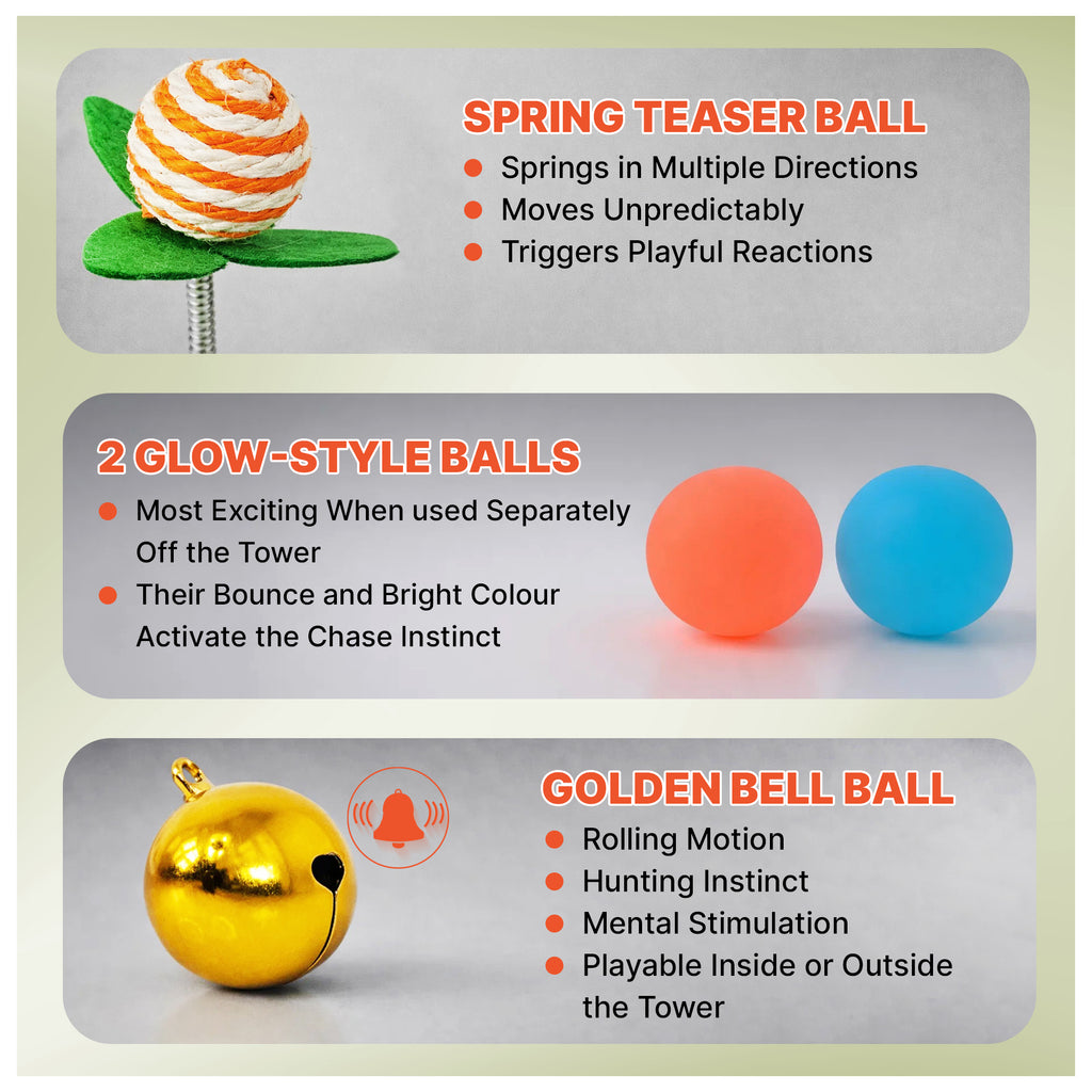 Cat Toy Ball Track with 2 Teasers, 3-Level Cat Ball Tower, 4-in-1 Kitty Toys, 9 Wooden Balls, Worm Wand, Spring Teaser Ball, 2 Glow Balls, Kitten Toy Interactive, Mental Physical Exercise, Medium Size